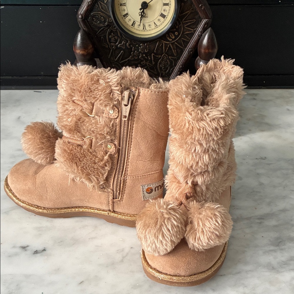 Cozy Tan Kids Boots with Pom Poms - Picture 3 of 11